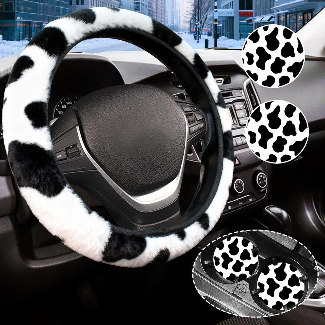 Black and White Cow Print Fuzzy Steering Wheel Cover for Women, Universal Auto Steering Wheel 14-15 Inch Soft Warm Car Interior Accessories with 2PCS Car Coasters, Suitable for Men and Women (One Size)