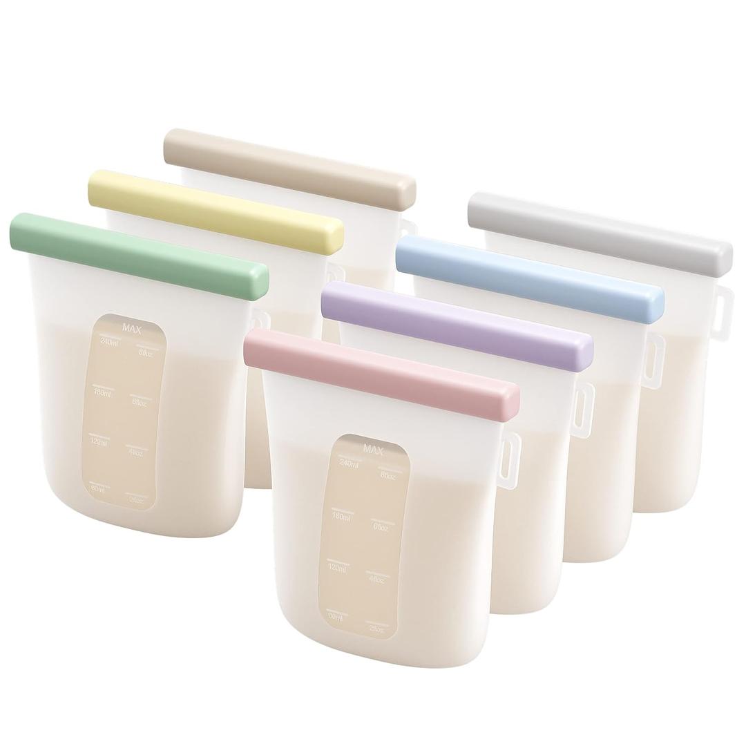 Nuliie 7 Pcs Silicone Breastmilk Storage Bags Reusable, 8oz/240ml Double Leak-Proof Breastmilk Freezer Bags, BPA Free Self-Standing Milk Bags for Breastfeeding, Baby Food Pouches