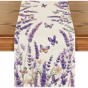 Artoid Mode Purple Lavender Floral Butterflies Spring Table Runner, Seasonal Summer Kitchen Dining Table Decoration for Home Party Decor 13x48 Inch