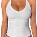 Danysu V Neck Racerback Tank Top for Women with Built in Bra Ribbed Long Tank Fitted Basic Cami Tops White, Large