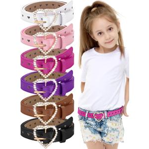Ramede 6 Pcs Girls Belt with Heart Metal Buckle Skinny Kids Leather Belts for Jeans Dress Pants (18-22 Inch, Bright Color)