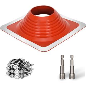 #8 Metal Roof Pipe Flashing Boot, Metal Roofing Pipe Flashing Boot Fits Pipe OD 7" to 13" Wide, Includes Flexible High Temp Silicone Chimney Boot, Hex Socket x2, Roofing Screw x50, Square Base, Red