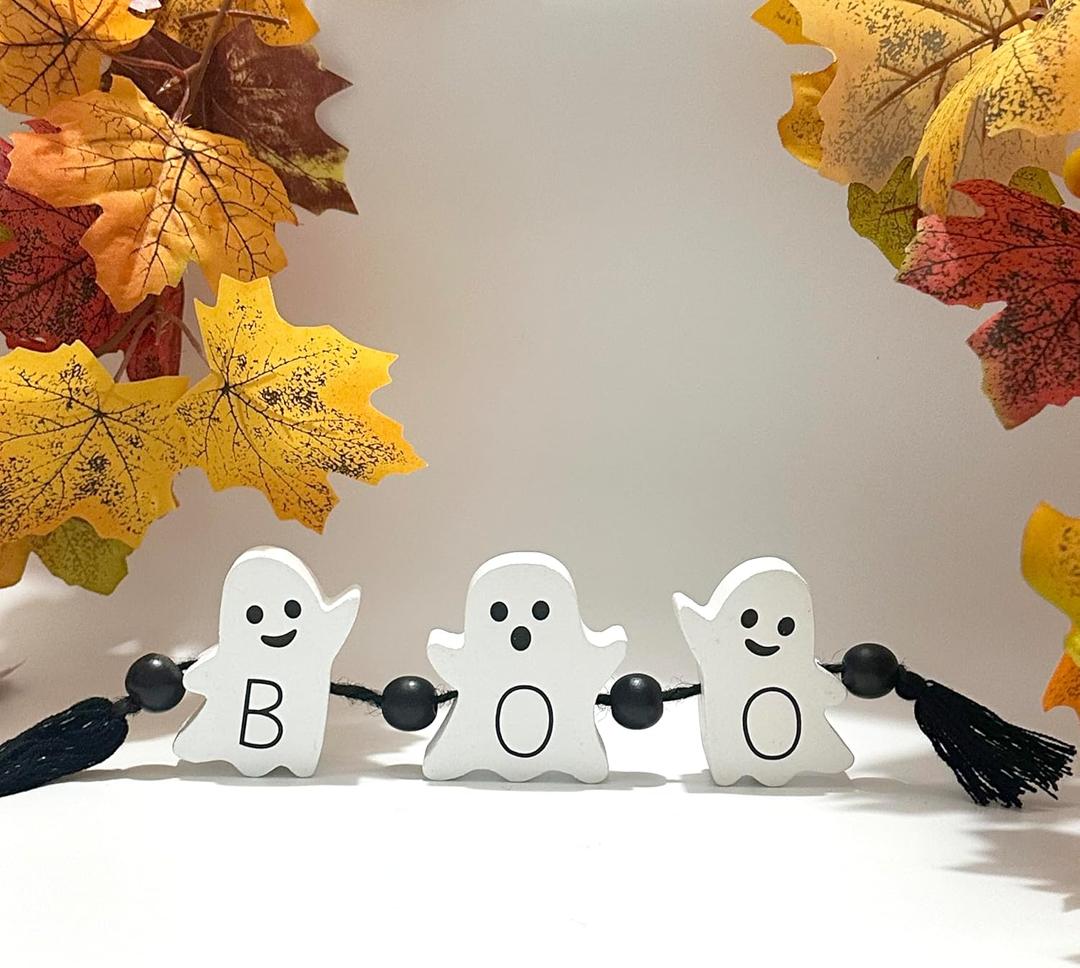 Cute Boo Ghost Halloween Decorations Indoor, Wooden Tiered Tray Decor Table Sign Ghost Signs for Party Home Shelf Display
