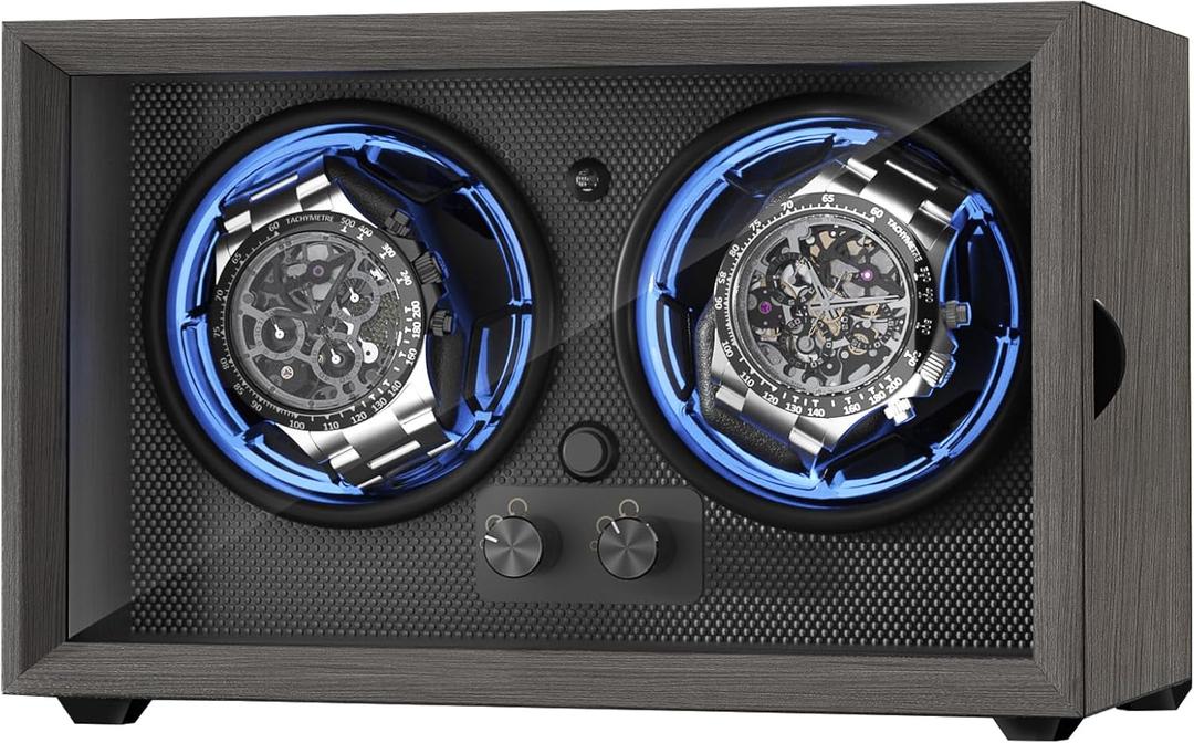 ALTIUS Watch Winder for Automatic Watches,Double Automatic Watch Winder Box with Active Quiet Motor,Blue Light Smart Dual Rotation Modes Individual Control,Gift for Men and Women-B (Grey)