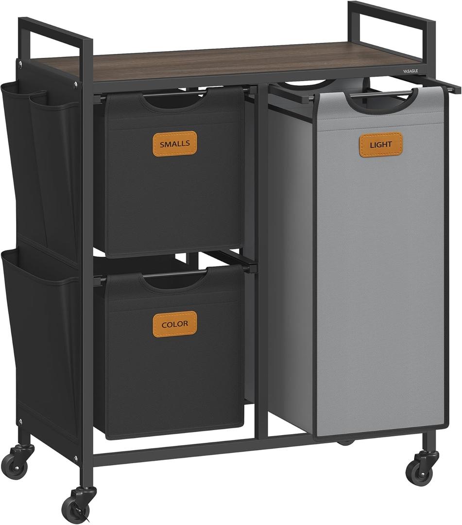 VASAGLE Laundry Hamper with 3 Compartments, 26.4 Gal. (100 L) Laundry Sorter, Rolling Laundry Cart with Shelves, Small Side Pockets, 6 Labels, Chestnut Brown, Ink Black and Dove Gray UBLH202B01 (Chestnut Brown + Ink Black + Dove Gray)
