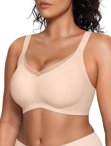 Vertvie Wireless Bras for Women No Underwire Supportive Mesh Crossover Bra Seamless Push Up Full Coverage Everyday Bralettes(Nude,Medium)