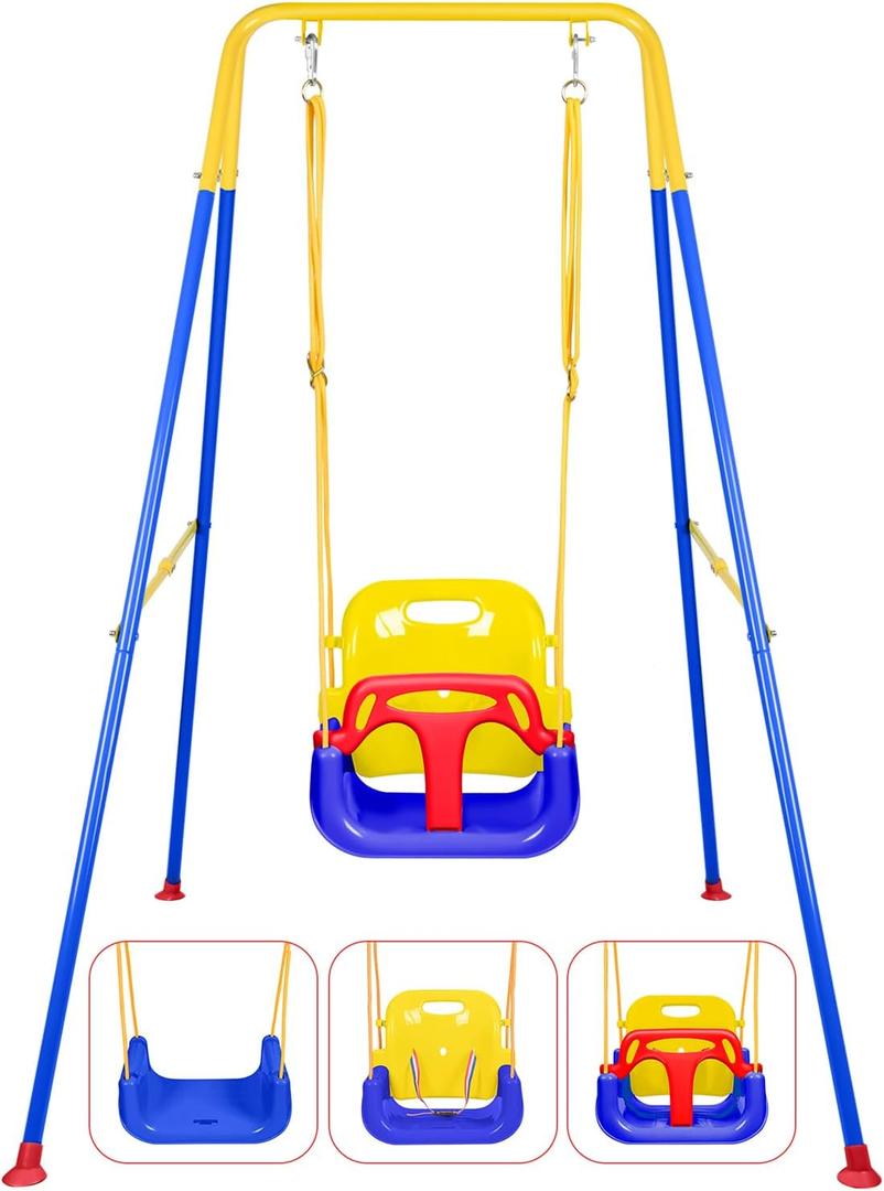 3-in-1 Toddler Swing Set, Foldable Baby Swings with Stand, Indoor & Outdoor Kids Swing Sets, Multifunctional Swings for Home Backyard, Easy to Install and Store (Blue)