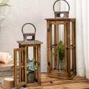 TIMRIS Large Farmhouse Wooden Metal Lantern Set of 2, Rustic Decorative Floor Candle Lanterns, Vintage Distressed Hanging Lanterns for Home Dcor (No Glass) (Brown)