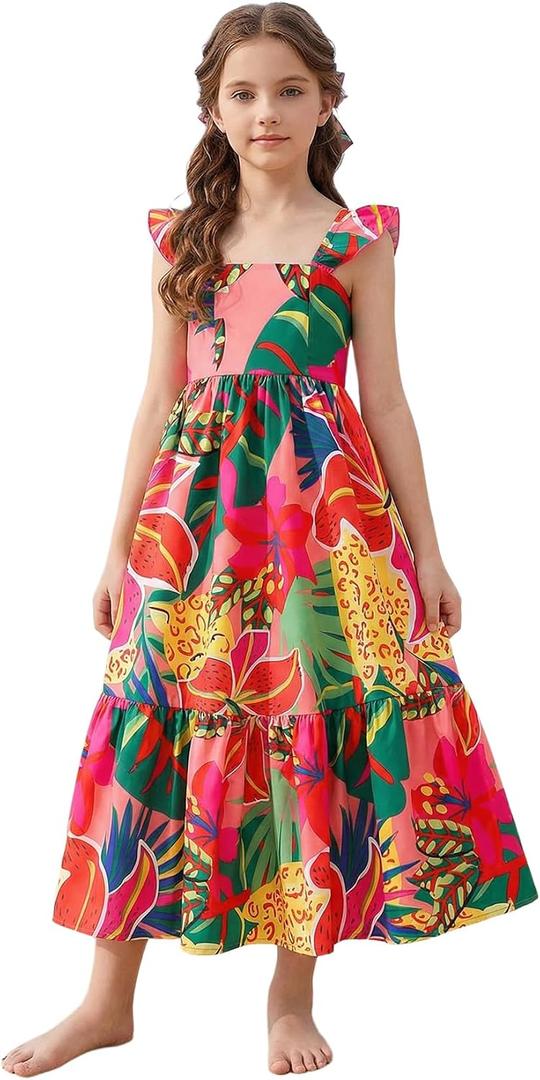 SOLY HUX Toddler Girl's Summer Dress Floral Print Square Neck Sleeveless Flowy Maxi Long Dresses (Green, 4Y)