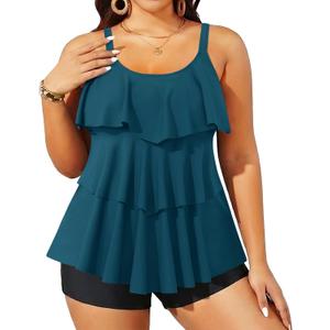 Yonique Women's Plus Size Tankini Swimsuits with Shorts Two Piece Bathing Suits Ruffle Swimsuits Tummy Control Swimwear (Blue), 18W