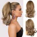 14 Inch Ponytail Extension - Wavy Pony Tails Hair Extensions, Claw Clip Ponytail Extension, Synthetic Hair Extensions Ponytail, Clip on Ponytails for Women (Light Brown With Beige Highlights)