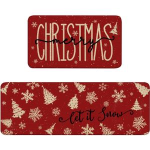 Red Christmas Kitchen Mats Set of 2, Linen Xmas Kitchen Rugs, Merry Christmas & Let It Snow Design, Non-Slip Floor Mats for Kitchen, Entryway Christmas Decor 17x30+17x47 Inch