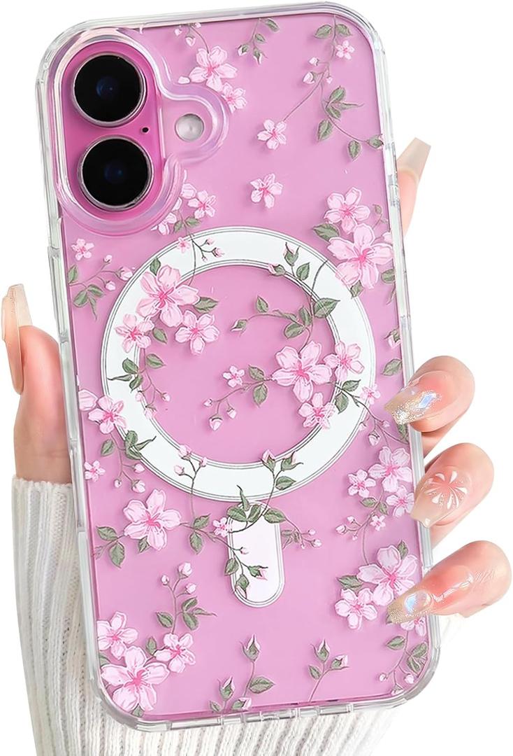 NITITOP Compatible with iPhone 16 Plus Case Cute Clear Magnetic Compatible with MagSafe Flowers Floral Plant Leaves for Women Girls Hard PC Back Shockproof Protective Phone Cover - Pink