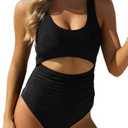 VIMPUNEC Women Tummy Control One Piece Swimsuit High Waisted Bathing Suit Cut Out Swimwear, Black, L