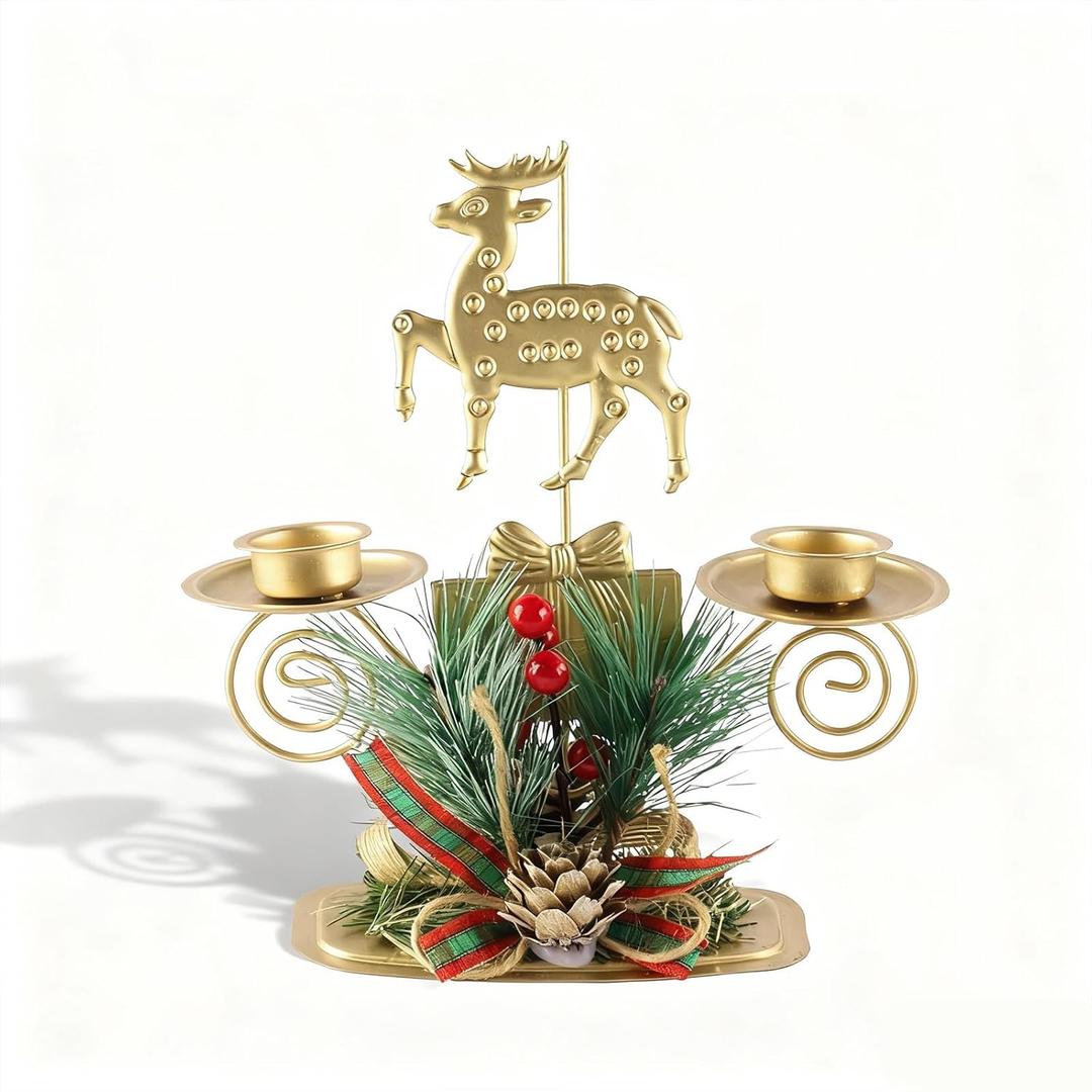 ABTOLS Reindeer Tealight Candle Holders with Red Berry, Christmas Elk Gold Candlestick Holder for Taper Candle Tea Light Holder for Table Centerpiece Festive Xmas Ornaments Home Decor
