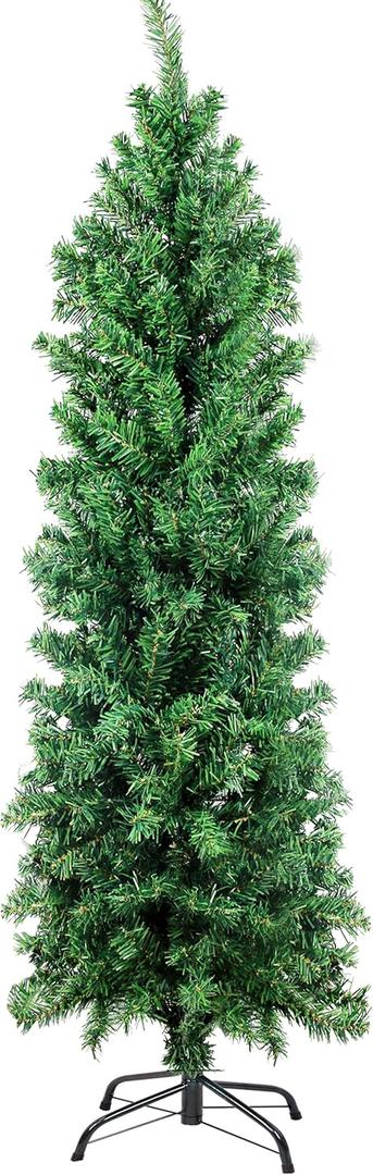 Suunyglade 5.5FT Green Artificial Christmas Tree, Premium Hinged Pine Tree with Solid Foldable Metal Legs, Pencil Shape Christmas Tree Perfect for Home, Shops and Holiday Decoration