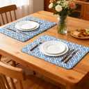 Beeveer 6 Pcs India Block Printed Floral Quilted Placemats 14.5 x 20 Inches Blue Flowers Rectangular Placemats for Kitchens, Dining Table Decorations, Parties, Weddings, Restaurants, Spring, Summer