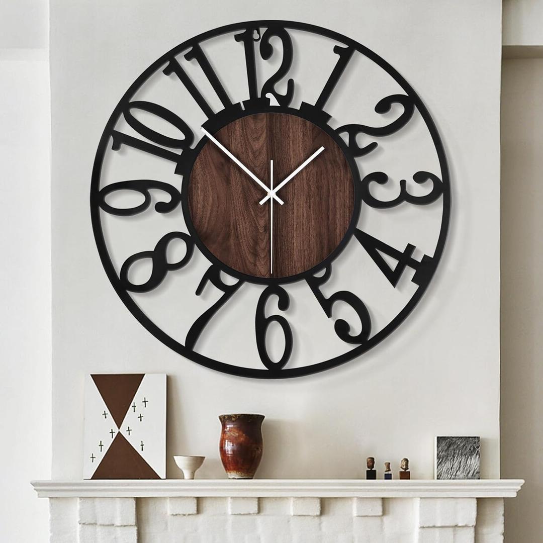 LEIKE Large Wall Clocks for Living Room,Silent,Non Ticking,Battery Operated Oversized Vintage Round Modern Wood Wall Clock for Bedroom,Farmhouse,Office Home Decor-24 Inch(Black-Arabic Number)