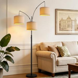 Dimmable 3 Lights Floor Lamp - 3000LM Super Bright Arc Floor Lamps for Living Room, Modern Tall Standing Lamp With Beige Shades, Mid Century Tree Floor Lamp for Bedroom Office, 3 LED Bulbs Included (Matte Black-Beige Linen Shades)