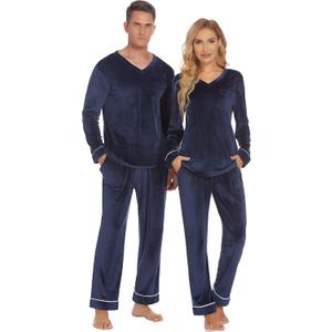 Ekouaer Couples Matching Pajamas Sets Velvet PJs Set for Men and Women Velour Long Sleeve Sleepwear S-XXL (Blue)