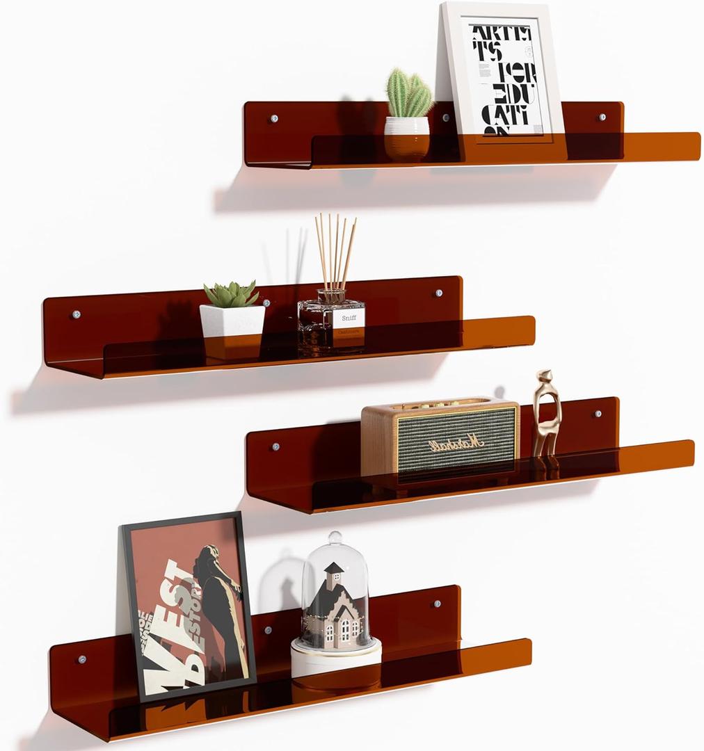 upsimples 4 Pack Acrylic Shelves for Wall Storage, 15" Floating Bookshelves for Kids, Display Shelf Organizer for Bathroom, Bedroom, Living Room Decor, Kitchen, Clear Brown