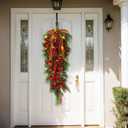 24 Inch Khaki Extra Long Valentines Teardrop Swag with Lights Red Balls Velvet Bows Cedar Teardrop Wreath Ornaments Valentines Decorations for Indoor Outdoor Stairs Hanging Doors Tables