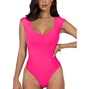 REORIA Women's Summer Sexy Casual V Neck Double Lined Seamless Sleeveless Slimming One Piece Leotards Going Out Trendy Tank Top Tees Thong Bodysuits Neon Rose Red Large
