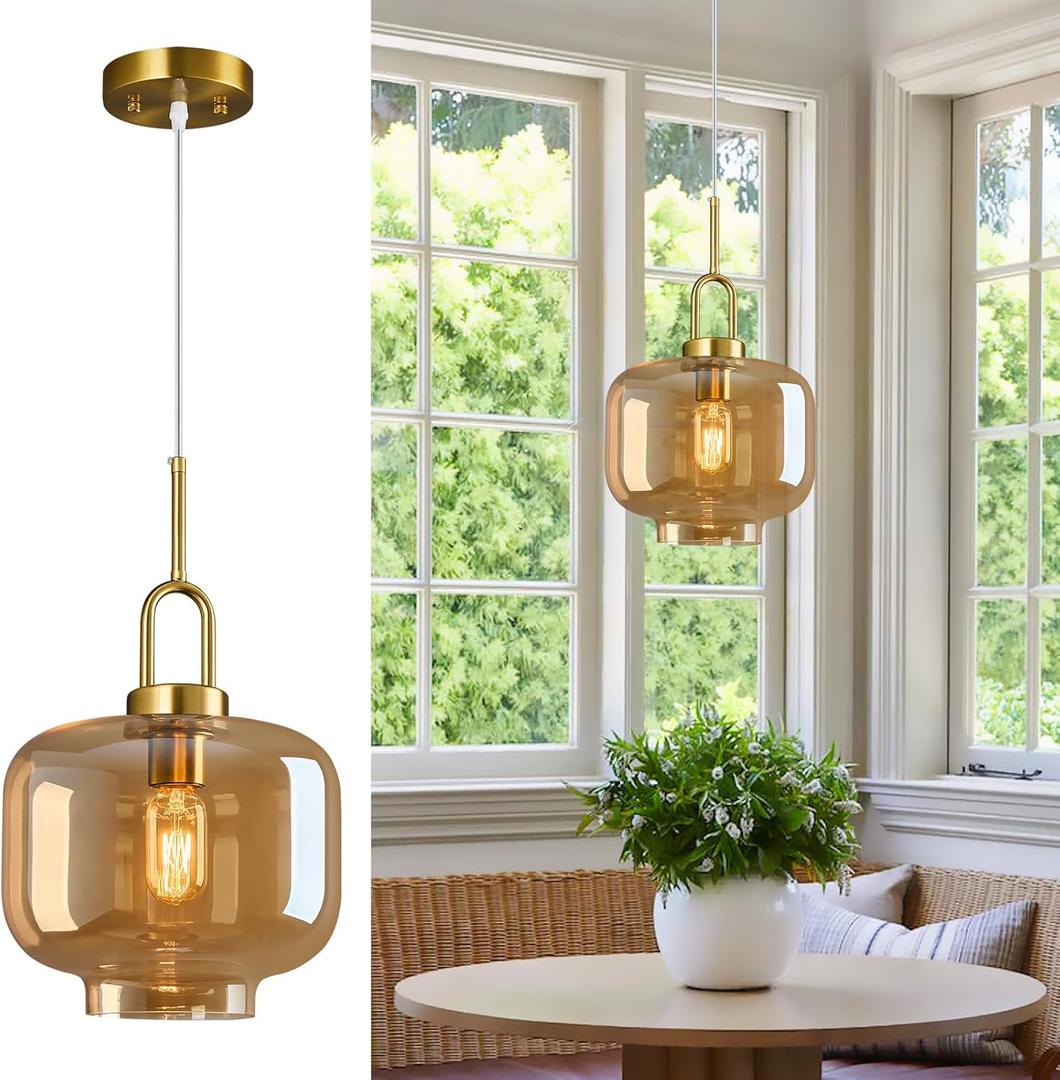 Cognac Glass Pendant Lights Kitchen Island Gold Pendant Light Fixtures Adjustable Height Modern Pendant Lighting for Bedroom Dining Room (9.06 in 1-Pack)