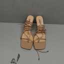 ISNOM Lace Up Heels Sandals for Women, Square Toe, Open Toe Thong, Stiletto Heels Design (8.5, Matte Nude)