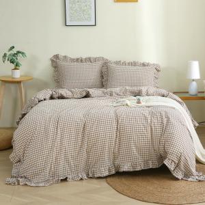 Taupe/White Plaid Ruffle Duvet Cover Twin Size,100% Washed Cotton 3 Pcs Vintage Checkered Chic Gingham Bedding Set Comforter Cover Set