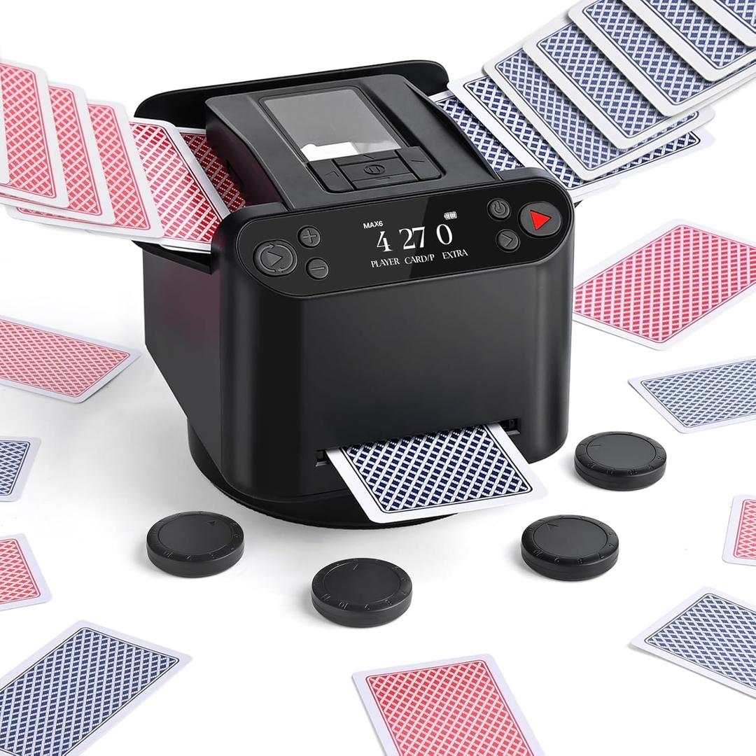 Automatic Card Shuffler and Dealer Machine  360 Rotating for 1-2 Decks, 2-12 Players with 4 Remotes | Built-in Game Modes, Rechargeable & Quiet for Poker, UNO, Phase 10, Skip-Bo, Rummy (Black)