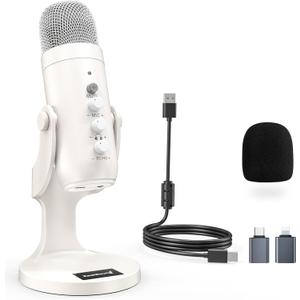 ZealSound Podcast Microphone, Noise Cancellation Mic with Gain, Volume Adjustment & Mute Button, Monitor & Echo, for ASMR, Vocal Recording, YouTube, TikTok, PC, iPhone, iPad, Android, Mac, K66, White