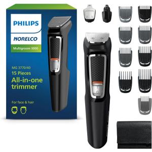Philips Norelco Multigroom 3000 Series, All-in-One Trimmer, Beard Trimmer and Hair Clipper, 15-Piece Men's Grooming Kit for Head, Beard, Face, Nose, Ears, No Blade Oil Needed, Soft Pouch, MG3770/40 (Black/Chrome)