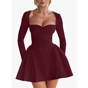 YMDUCH Women's Sexy Long Sleeve Sweetheart Neck A-line Ruffle Hem Party Club Mini Dress Large, Burgundy Red 