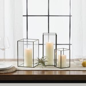 Set of 3 Square Glass Hurricane Candle Holders, Clear Glass Framed in Vintage Brass, Pefect for Spa, Hotel, Festival, Home Decoration,(Bronze Fram Finsh)