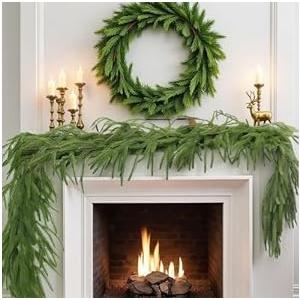 2 Pcs 9Ft Artificial Real Touch Norfolk Pine Garlands, Green Artificial Greenery Garland, Christmas Garland for Front Door Outside Table, Staircase, Banister, Mantle, Indoor, Outdoor Decorations
