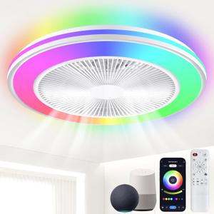 Smart WiFi&Bluetooth RGB Ceiling Fans with Lights and Remote,20"low profile ceiling fan with light,Compatible with Alexa,Google Assistant,App Control Color Changing LED,3000K-6000K,6 adjustable speed (CLF40)
