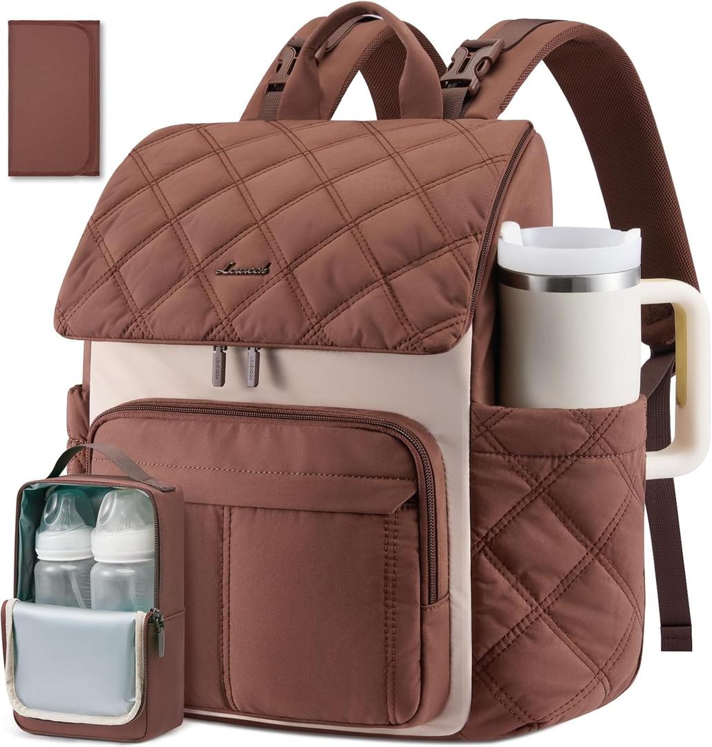 LOVEVOOK Diaper Bag Backpack With Pocket For Large Capacity Cup,Multi-Function Baby Travel Bag For Mom Dad,Waterproof Baby Bag for Boys Girls with Changing Pad,Insulated Bag,Stroller Straps, Apricot Coffee, M-15.6 inch