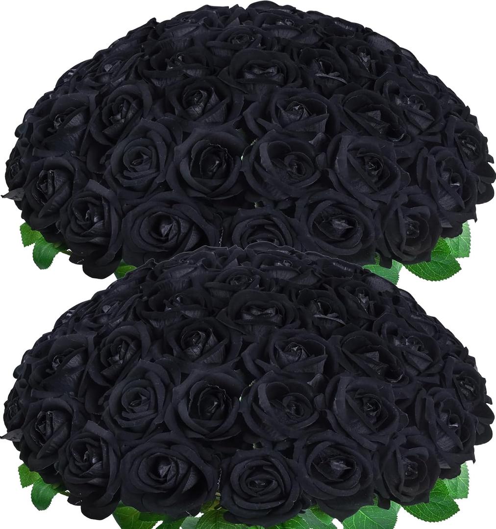 BLEUM CADE 50 Pcs Black Roses Artificial Flowers, Real Touch Velvet Roses Fake Flowers Bulk, Artificial Roses Bouquet with Long Stems Bridal DIY Wedding Party Centerpiece Decorations