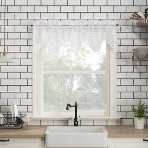 No. 918 Alison Floral Lace Sheer Rod Pocket Kitchen Curtain Valance, 58" x 14", White