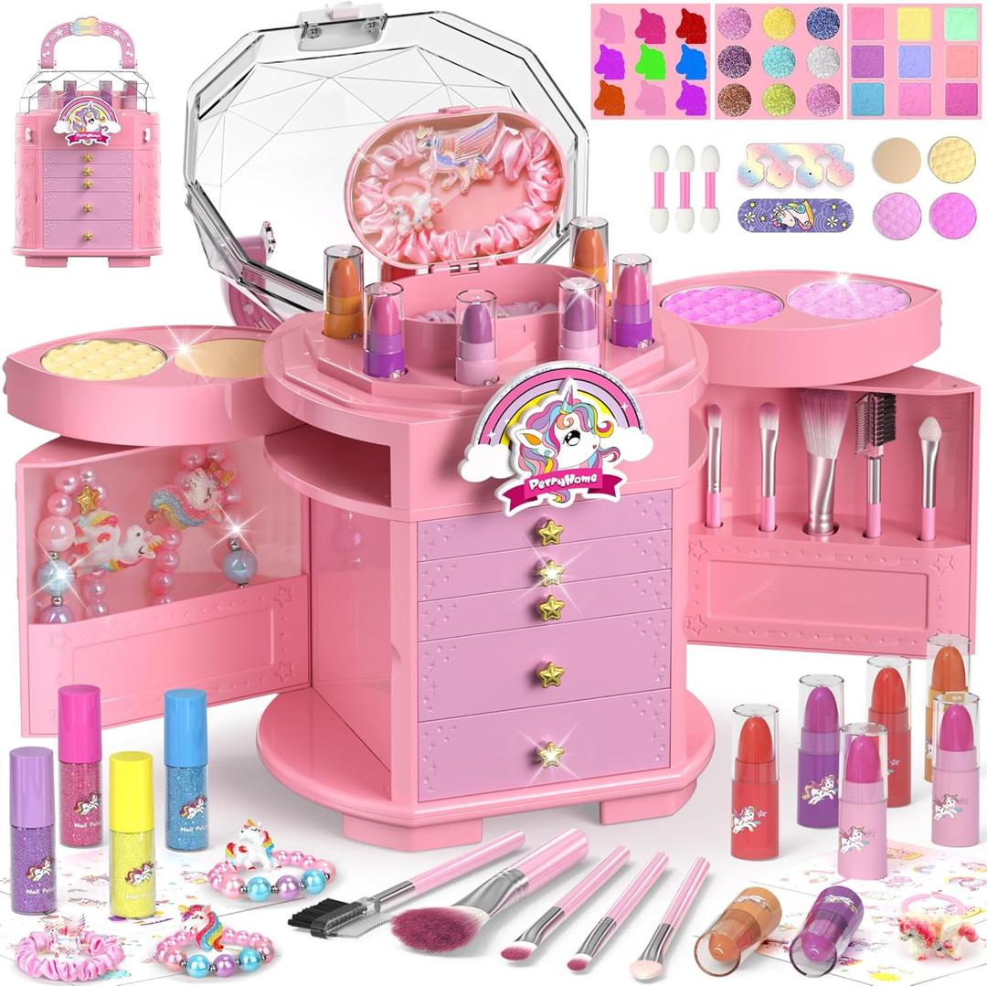 PERRYHOME Kids Makeup Set for Girls 63 Pcs Washable Non-Toxic Real Cosmetic Toddler Makeup Kit, Unicorn Princess Makeup Birthday Gifts, Sustainable Materials Girl Gifts for 3 4 5 6 7 8 9 10 11 12
