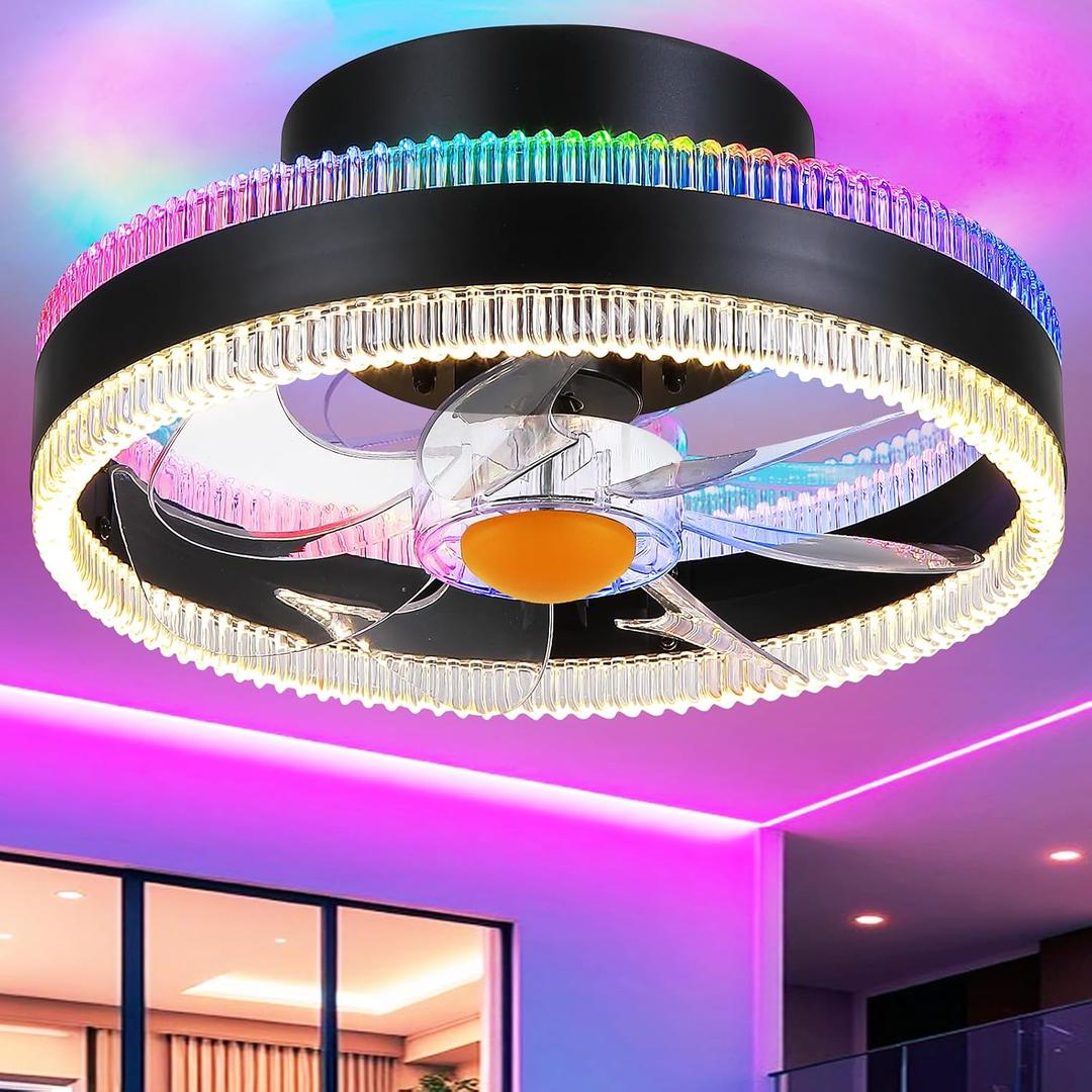 Mpayel Flush Mount Ceiling Fans with Lights - RGB Low Profile Ceiling Fan,13" Small Dimmable LED Bladeless Ceiling Fans, Modern Enclosed LED-RGB Ambient Light for Bedroom, Kids Room, Party