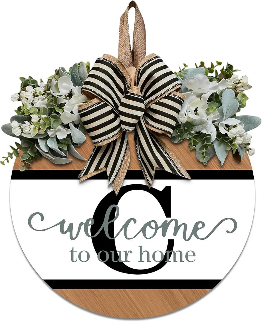 Last Name Round Front Door Wreath Decor for All Seasons, 26 Initial Letter Wreaths for Front Door Porch Welcome Garland and Eucalyptus Hanging Gift for Farmhouse Welcome Sign (C) (12*12IN)