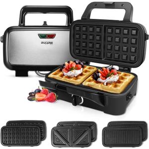 3-in-1 Belgian Waffle Maker 1200W, Breakfast Sandwich Maker & Waffle Iron with Removable Nonstick Plates, 5-Gear Temperature Control, Cool Touch Handle, Easy to Clean for Family Breakfast