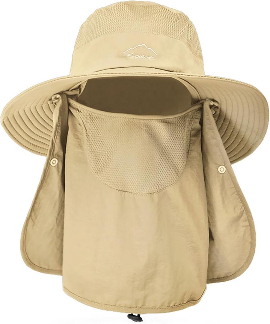 Sun Hats for Men Women Fishing Hat UPF 50+ Breathable Wide Brim Summer UV Protection Hat (Khaki(with Face Cover & Neck Flap ))