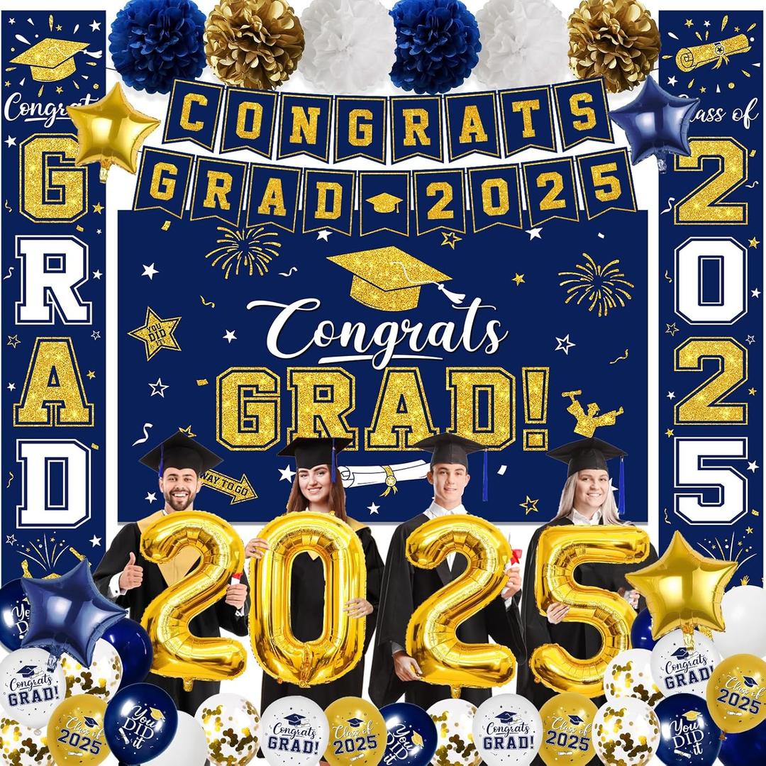 Graduation Decorations Class of 2025, Blue and Gold Graduation Decorations with Congrats Grad Backdrop, Class of 2025 Banner,Porch Sign, Balloons, Foil Number 2025 for Graduation Party Supplies