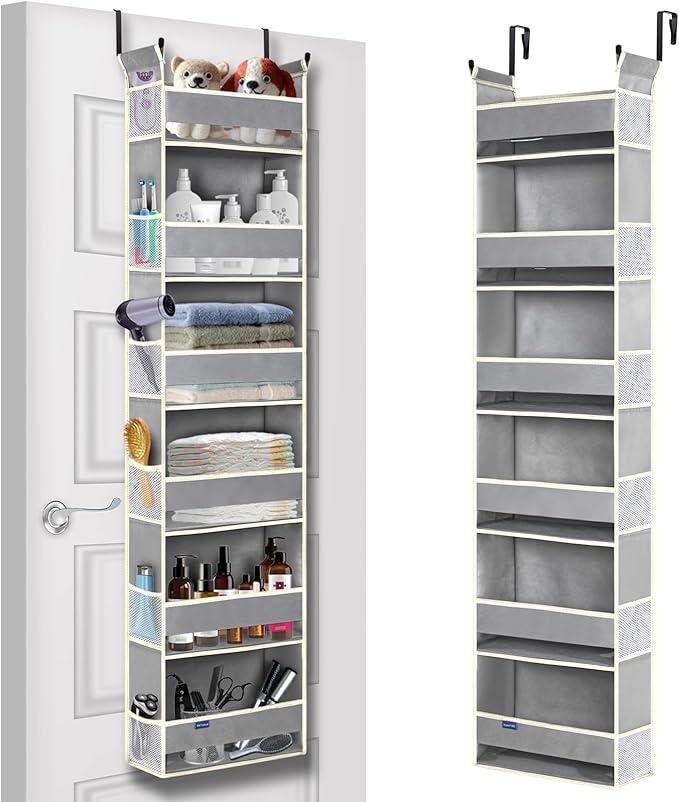 roomtalk Over The Door Organizer 6Shelves and 12 Side Pockets, Over The Door Storage for Bathroom Bedroom Nursery, Hanging Door Organizers for Baby Diapers and Kids Toys (13"x5"x54", Grey)