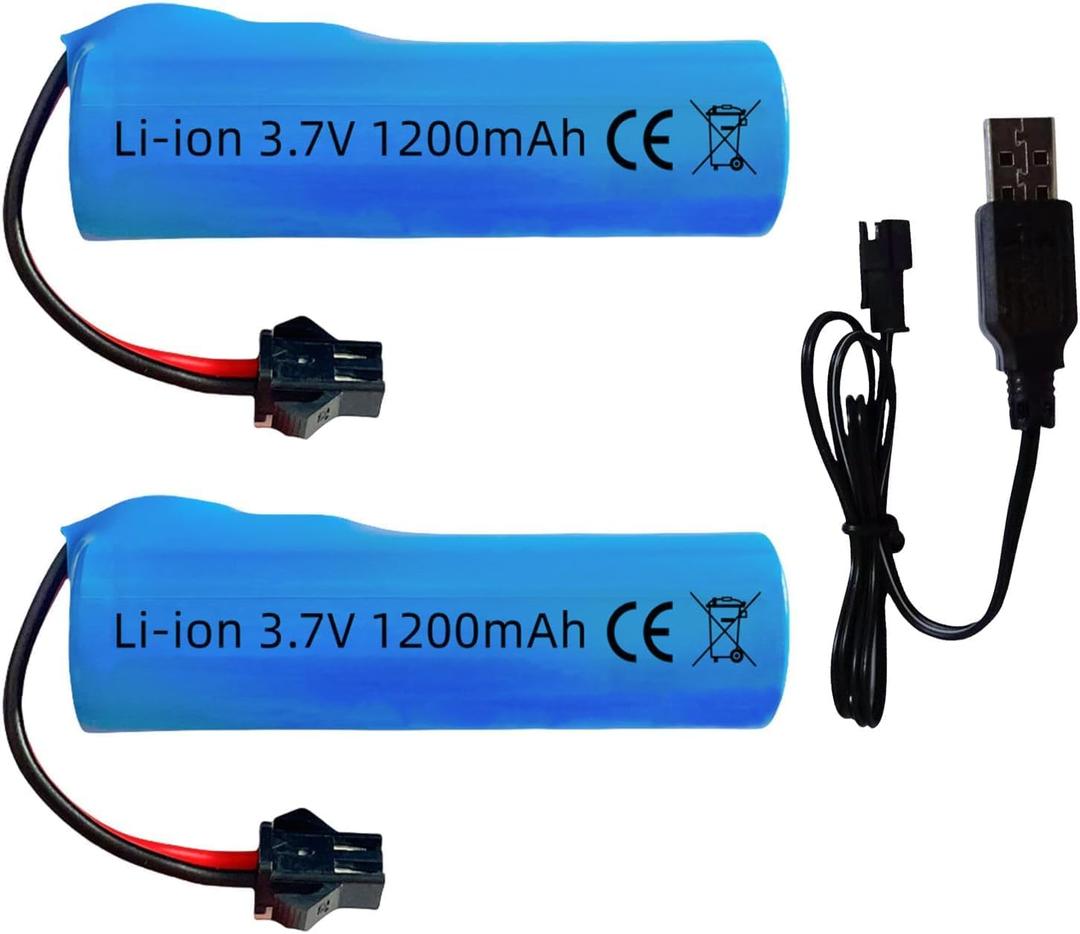 1200mah 3.7V Rechargeable Battery SM-2P Plug with USB Charger for RC Car RC Trucks Toy Robots Bazooka Rocket Bubble Gun Battery Replacement 2 Pack
