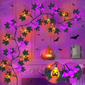 6FT 54 LED Willow Vine Twig Decor Black Halloween Garland with Pumpkin Bat Orange & Purple Light, 8 Modes Waterproof Battery Operated Indoor Halloween Decorations