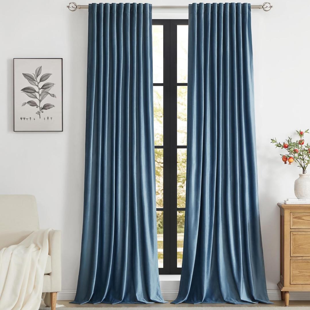 PRIMROSE Velvet Curtains 120 inch Long for Living Room,Set of 2 Panels Stone Grayish Blue Blackout Rod Pocket Back Tab Window Treatment Room Darkening Heavy Decorative Curtains Drapes for Bedroom